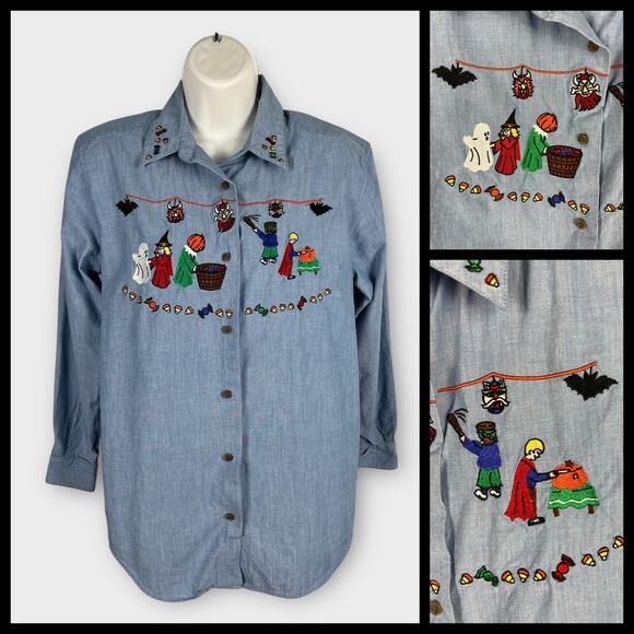 Karen Scott 80s Small Denim Halloween Pinata Party Embroidered Blouse Top - Picture 1 of 9